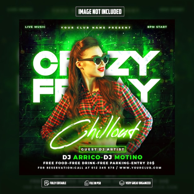 PSD crazy friday party flyer social media post and web banner