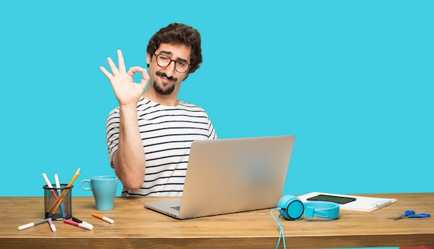 Crazy man with laptop in satisfied pose