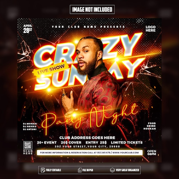 Crazy Sunday party flyer social media post design and web banner Psd