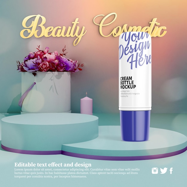 PSD cream bottle mockup on podium