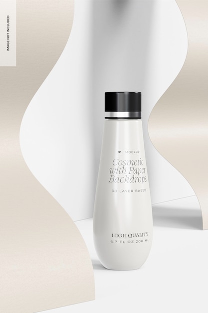 PSD cream bottle with paper backdrop mockup, left view