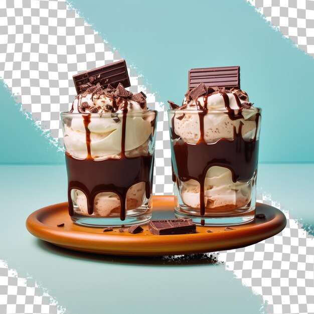 PSD cream and chocolate sauce cover a chocolate ice cream dish sitting on cork coasters on a table