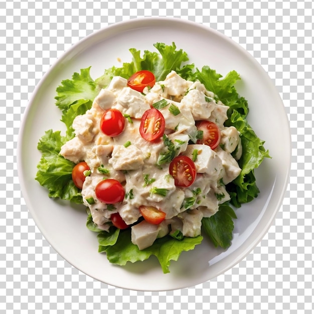 PSD creamy chicken salad on white plate isolated on transparent background