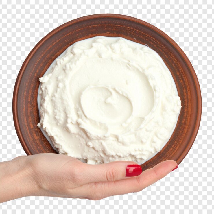 PSD creamy food in wooden bowl held in hand isolated background