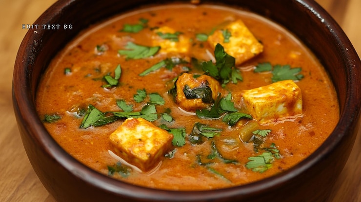 PSD creamy indian paneer curry in a wooden bowl garnished with cilantro