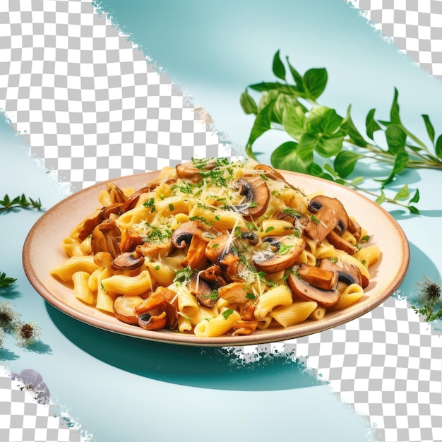 PSD pasta cremosa con cipolle chanterelle fritte isolate su uno sfondo trasparente con messa a fuoco selettiva