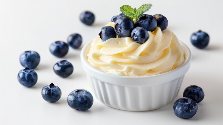 PSD creamy vanilla dessert with fresh blueberries in a small white bowl