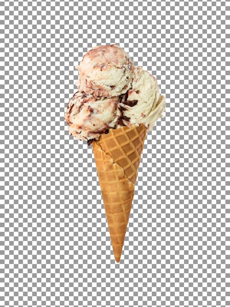 PSD creamy vanilla ice cream in wafer cone with transparent background