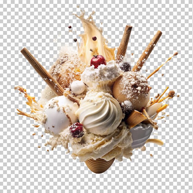 PSD creamy vanilla ice cream in wafer cone with transparent background