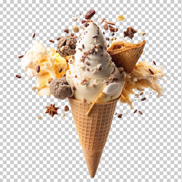 Creamy vanilla ice cream in wafer cone with transparent background