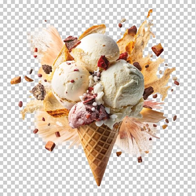Creamy vanilla ice cream in wafer cone with transparent background