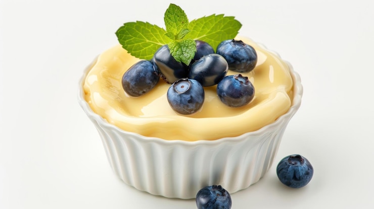 PSD creamy yellow dessert with fresh blueberries and mint in a small white bowl