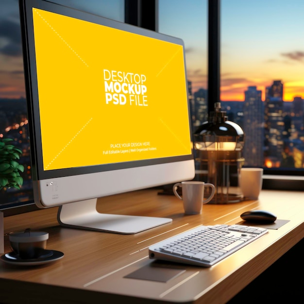 Crea un mockup di imac che mostri uno straordinario design grafico o layout di un sito web sullo schermo posiziona th