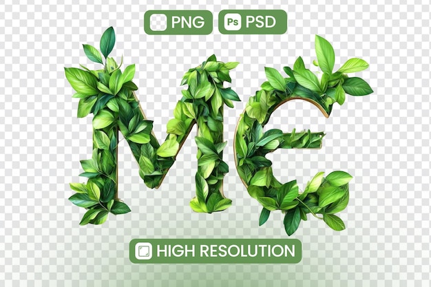 高解像度 PNG PSD 緑の葉文字 ME ナチュラル・インスピレーション・プロジェクト 植物アルファベット エコフレンドリー・ビジュアル 春のデザイン