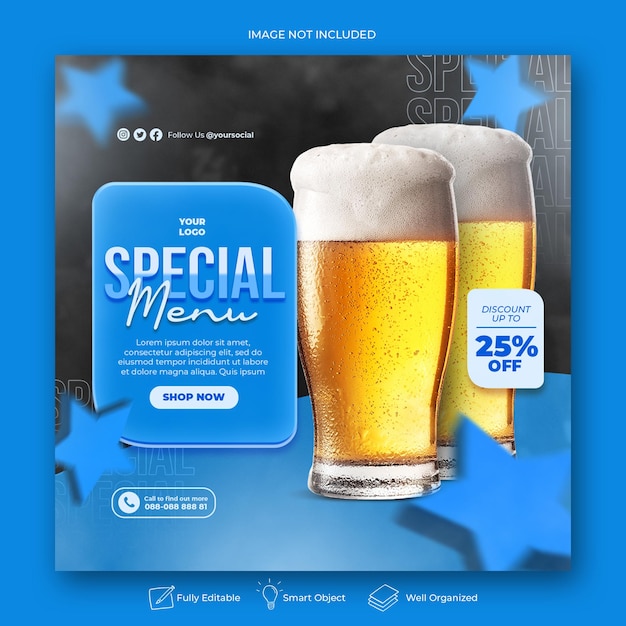 Creatief concept drankmenuweergave met 3d voor instagram-postsjabloon