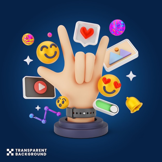 creatief concept Social media digitale marketing 3d illustratie kleurrijk handgebaar