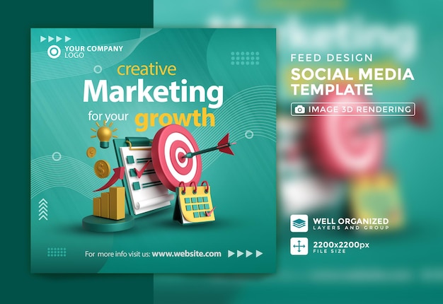 PSD creatief marketingbureau en bedrijf met 3d illustratie social media postsjabloon