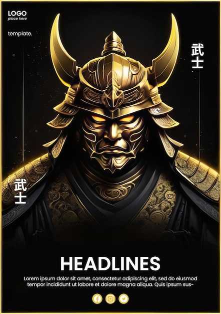 PSD creatieve abstracte poster met neon en goud samurai ontwerp
