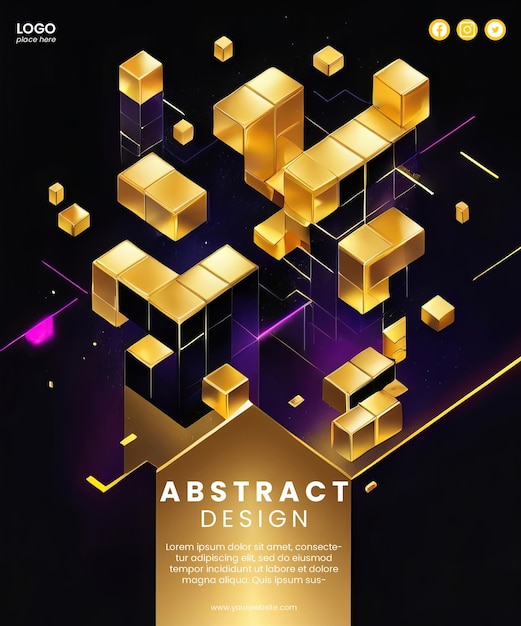 PSD creatieve abstracte sjabloon met neon- en gouden doosontwerp