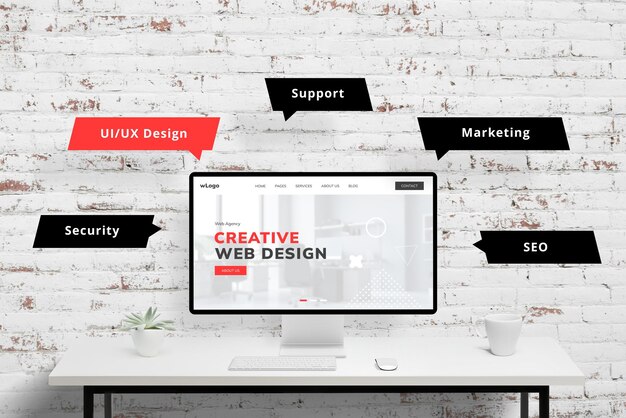 Creatieve webontwerpbureau pagina met UI UX ontwerp diensten mockup scène maker