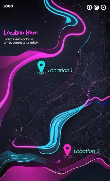 PSD creative abstract poster template with neon map design