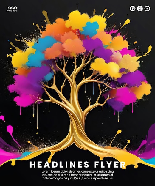 PSD creative abstract poster with gold and neon tree design