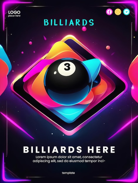 Creative abstract poster with neon billiard design