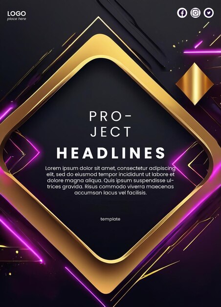 PSD creative abstract template with neon and gold design