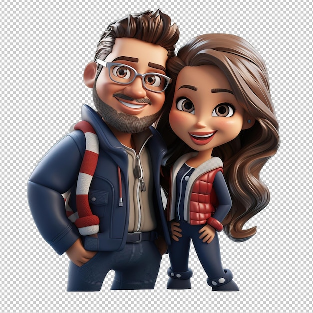 PSD american creative couple sullo sfondo trasparente in stile cartone animato 3d