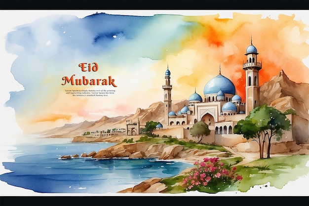 PSD Красивый акварельный рисунок ид и рамадан мубарак исламский дизайн с редактируемым текстом psd дизайн