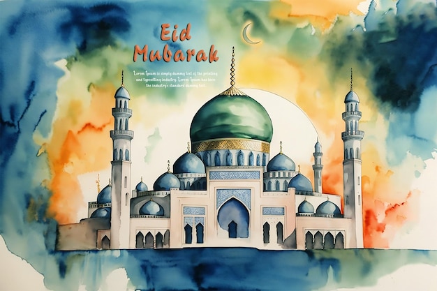 PSD Красивый акварельный рисунок ид рамадан мубарак исламский дизайн с редактируемым текстом psd дизайн