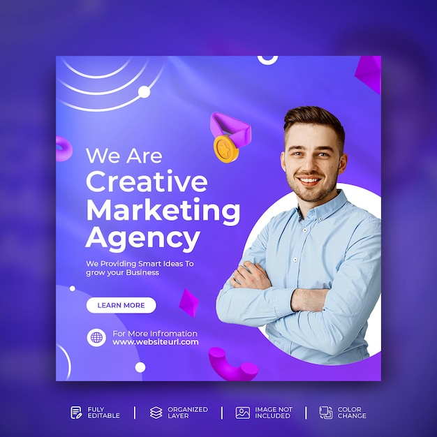 Modello di banner quadrato per social media con volantino di promozione aziendale creativo con sfondo viola psd