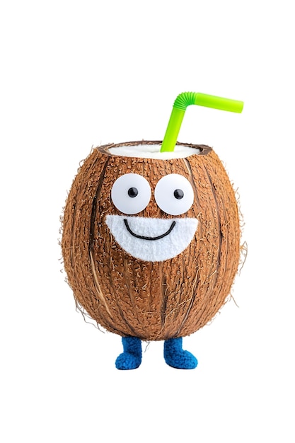Creative Coconut Character with a Straw and Smiling Face Isolated on White Background Ideal for T