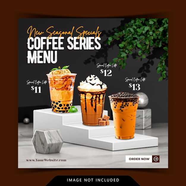 Creative coffee drink menu display with 3d podium background rendering for instagram post template