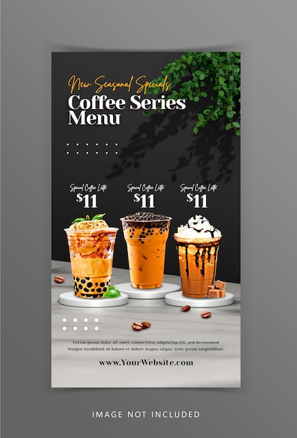 PSD creative coffee drink menu display with 3d podium background rendering for instagram post template