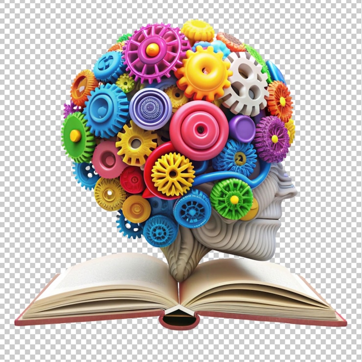 PSD creative colorful brain and gears on open book