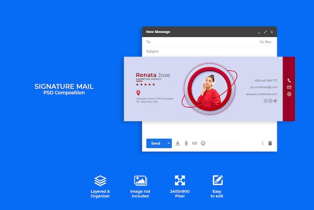 PSD design del modello di firma e-mail del concetto creativo o piè di pagina dell'e-mail e copertina dei social media personali