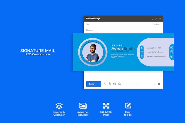 PSD design del modello di firma e-mail del concetto creativo o piè di pagina dell'e-mail e copertina dei social media personali