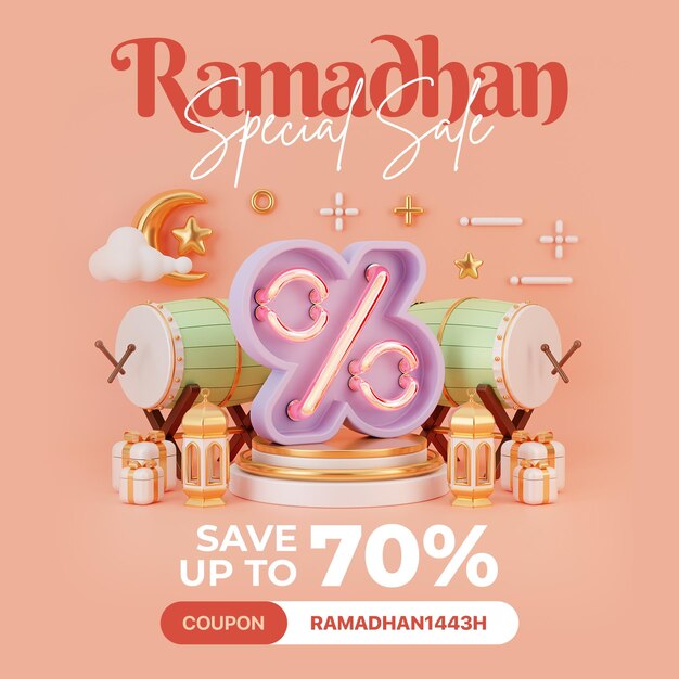 creative concept instagram post islamic ramadan with 3D render illustration digital marketing