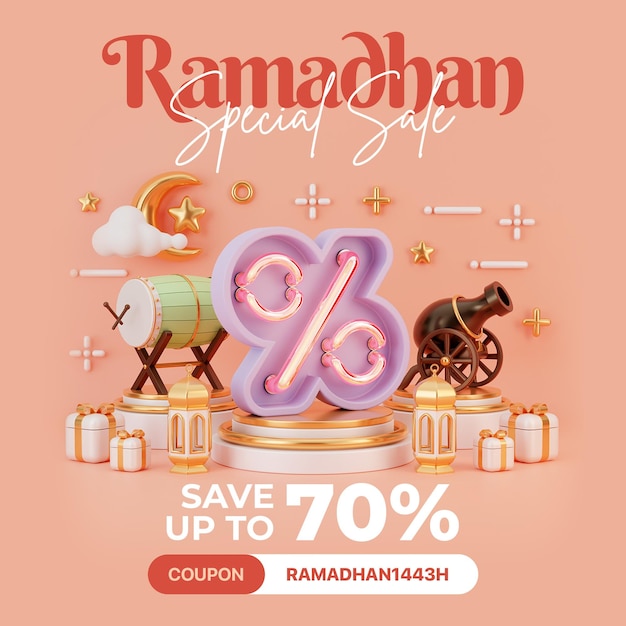 creative concept instagram post islamic ramadan with 3D render illustration digital marketing