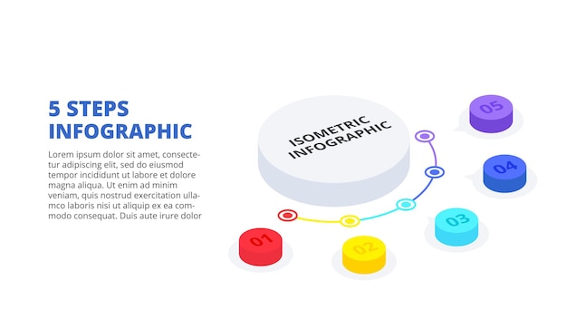 Concetto creativo per infografica isometrica con 5 passaggi opzioni parti o processi