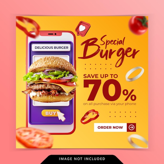 Modello di banner di social media di promozione del menu di hamburger di ordine online di concetto creativo