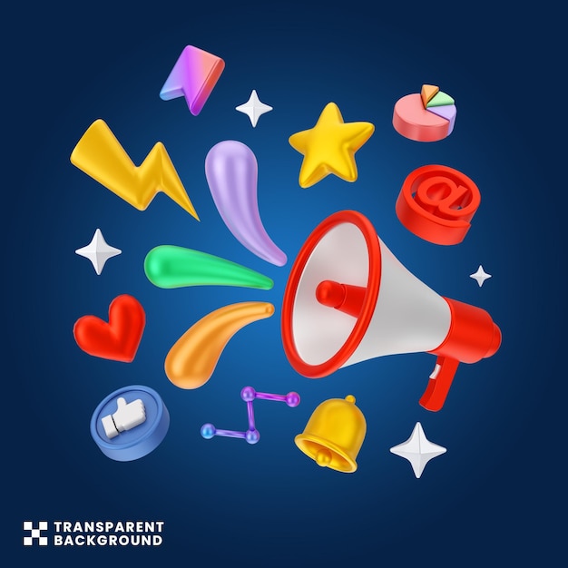 creative concept Social media digital marketing 3d illustration colorful megaphone communications