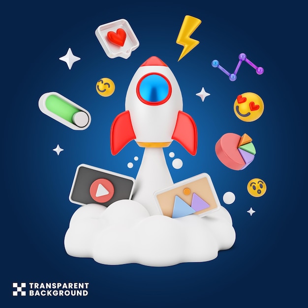 creative concept Social media digital marketing 3d illustration rocket launch