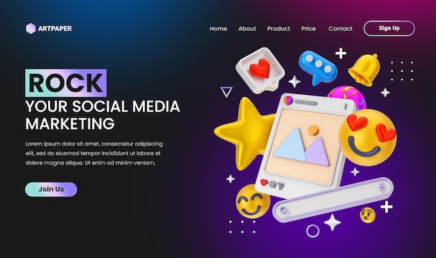 Creative concept social media marketing landing page with 3d colorful hand concept illustration