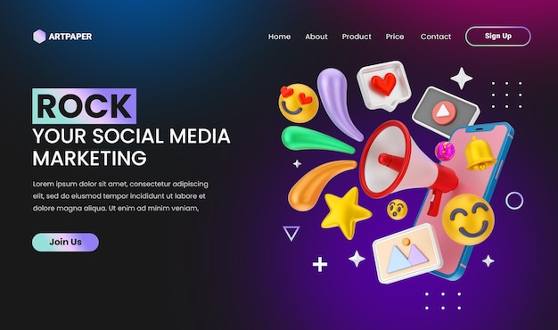 PSD creative concept social media marketing landing page with 3d colorful megaphone concept illustration