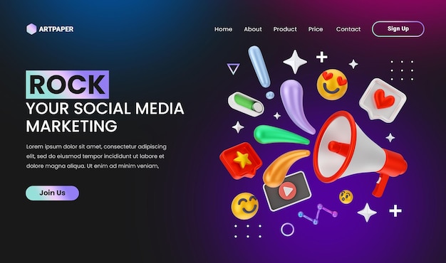 Креативная концепция целевая страница маркетинга в социальных сетях с 3d красочной иллюстрацией концепции мегафона