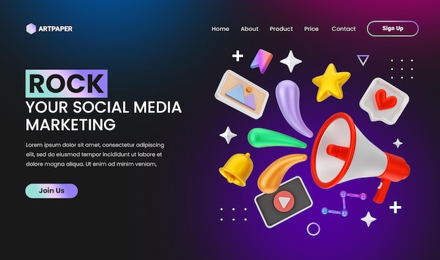 creative concept Social media marketing landing page with 3d colorful megaphone concept illustration