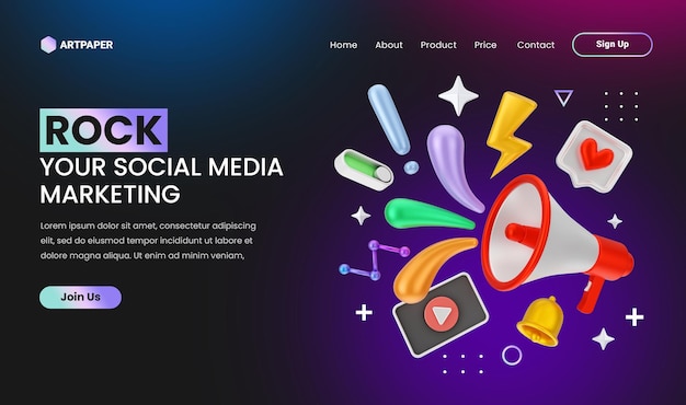 creative concept Social media marketing landing page with 3d colorful megaphone concept illustration