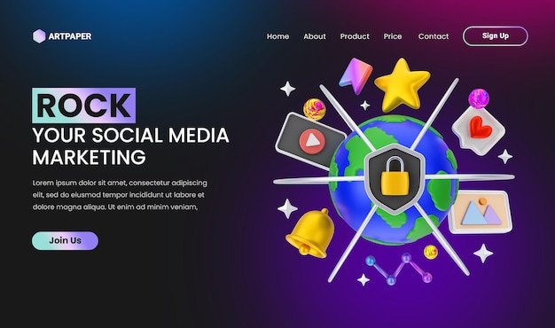 Concetto creativo pagina di destinazione del marketing sui social media con illustrazione 3d colorata del concetto di mondo